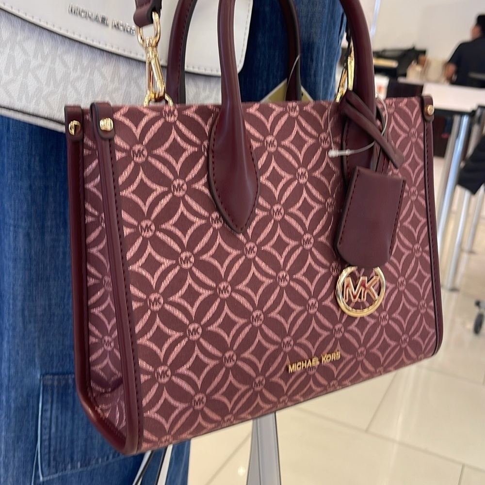 Michael Kors Mirella Small Metallic Logo Jacquard Crossbody Bag Oxblood Multi - Picture 6 of 16